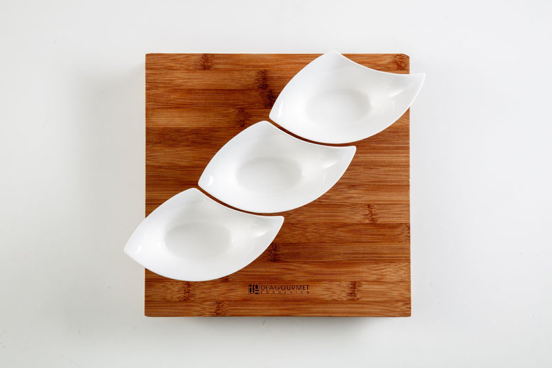 Kit Aperitivo Tagliere Legno Scuro 29x29x4 cm con 3 Bowl in Porcellana-1