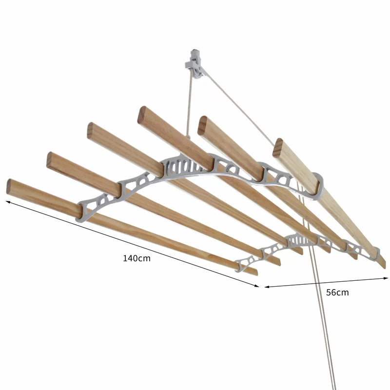 Stendibiancheria da Soffitto 6 Stecche 140x56x14 cm con Sistema di Carrucole in Legno e Corda-4