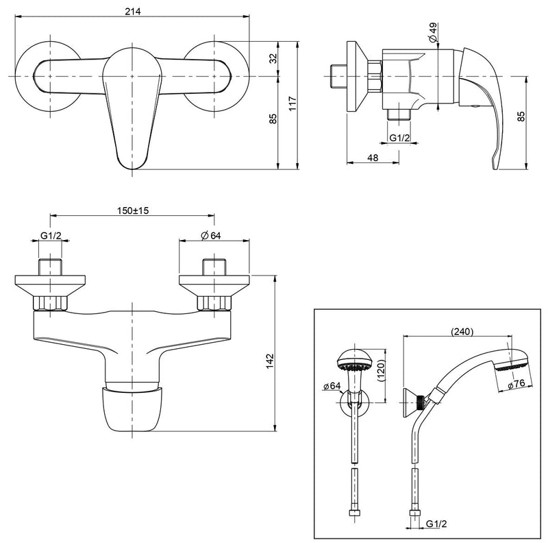 Kit Doccino e Miscelatore per Doccia in Ottone da Parete Bonussi Detroit Cromato-4