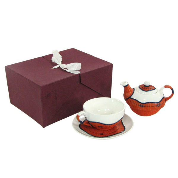 Ensemble théière avec tasse et soucoupe en porcelaine à décor de bambou orange sconto