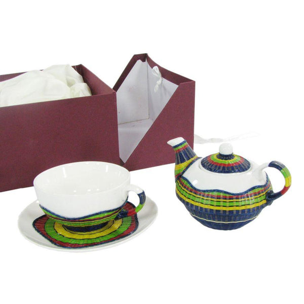 Ensemble théière avec tasse et soucoupe en porcelaine à décor de bambou multicolore acquista