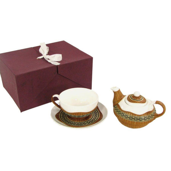 Théière en porcelaine avec tasse et soucoupe à décor de noyer en bambou online