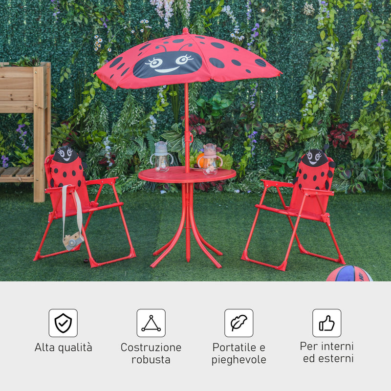 Set Tavolino e 2 Sedie Pieghevoli da Giardino per Bambini con Ombrello Rosso Coccinella-6