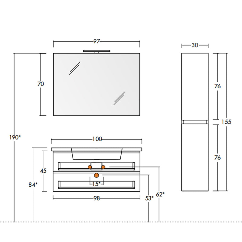 Mobile Bagno Sospeso 100 cm Lavabo Specchio e Pensile Bonussi Mendel Grigio-3