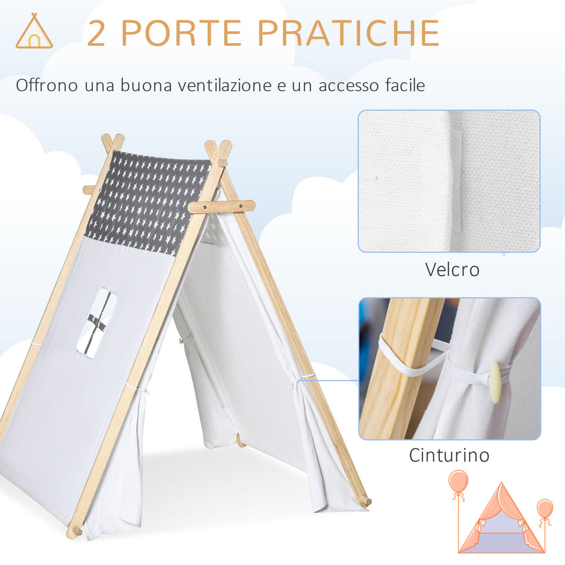 Tenda Indiana per Bambini 130x111x136 cm in Legno e Poliestere Grigia e Bianca-5