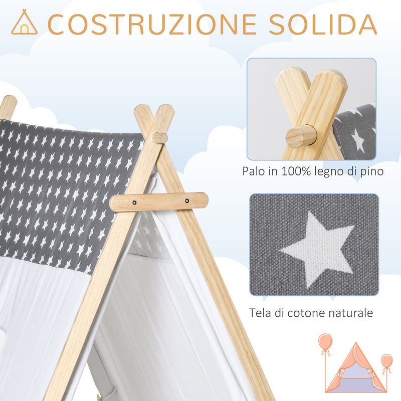 Tenda Indiana per Bambini 130x111x136 cm in Legno e Poliestere Grigia e Bianca-6