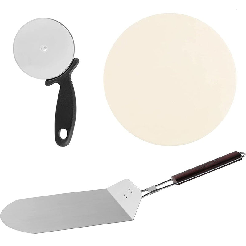 Set per Pizza con Pietra Refrattaria Pala Pieghevole Manico Legno e Tagliapizza-1