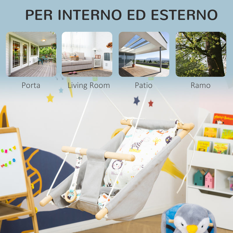 Altalena per Bambini 6-36 Mesi 70x45x160 cm in Legno e Cotone Grigio-7