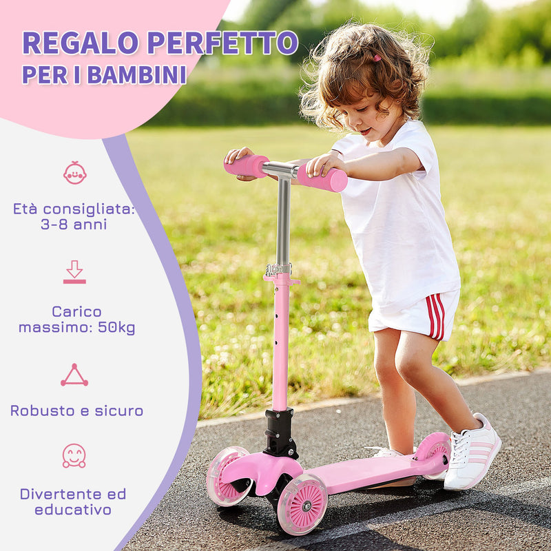 Monopattino Pieghevole 3 Ruote per Bambini 54,7x32,5x59-69 cm in Metallo e Alluminio Rosa-8