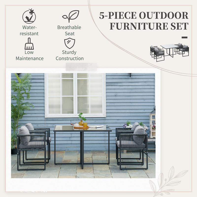 Set Tavolo e 4 Sedie da Giardino con Cuscini in Rattan PE Nero e Grigio-4