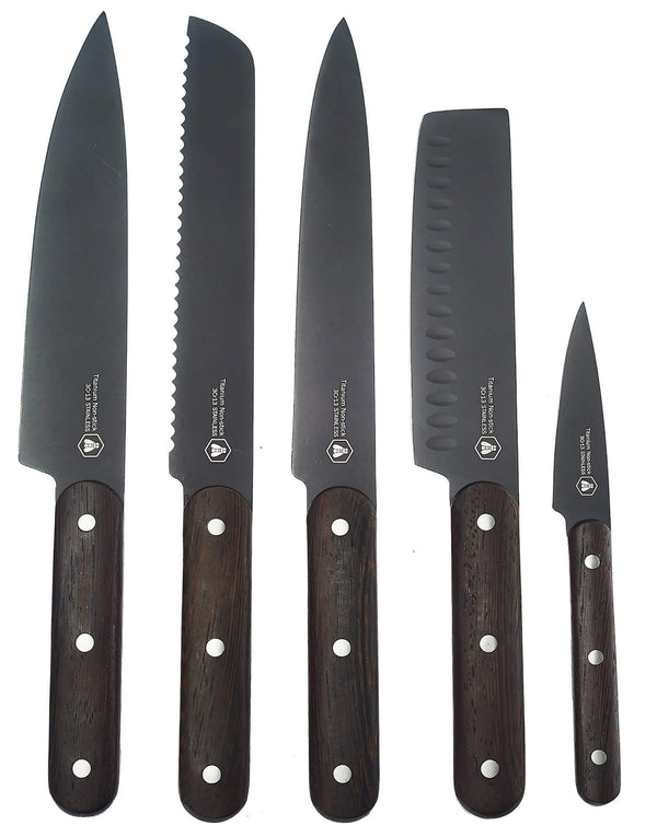 acquista Set de 5 Couteaux de Cuisine Lame Noire Manche Wengé