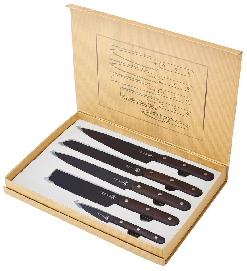 Set 5 Coltelli da Cucina Lama Nera Manico Wenge-2