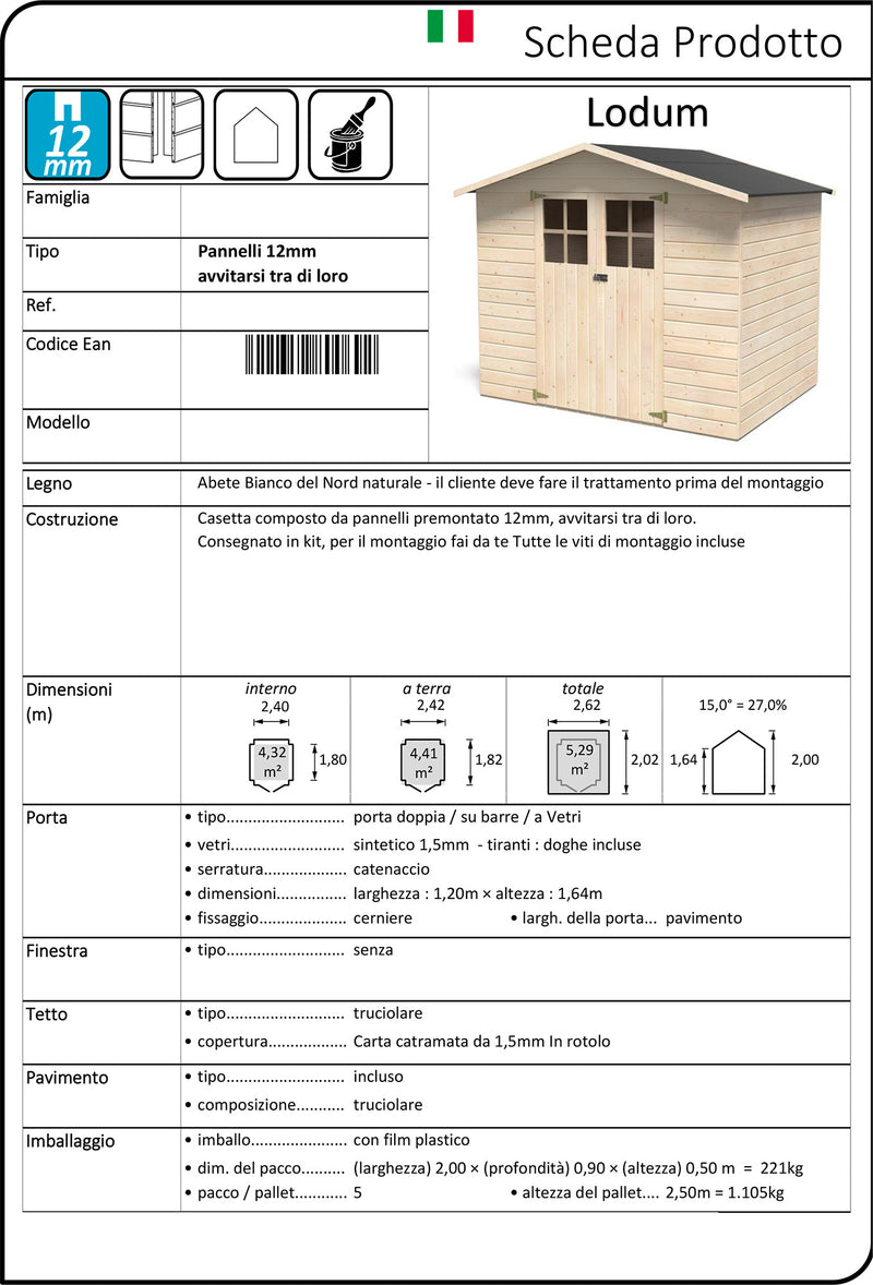 Casetta Box da Giardino per Attrezzi 2,62x2,02m con Pavimento in Legno Abete 12mm Lodum-5