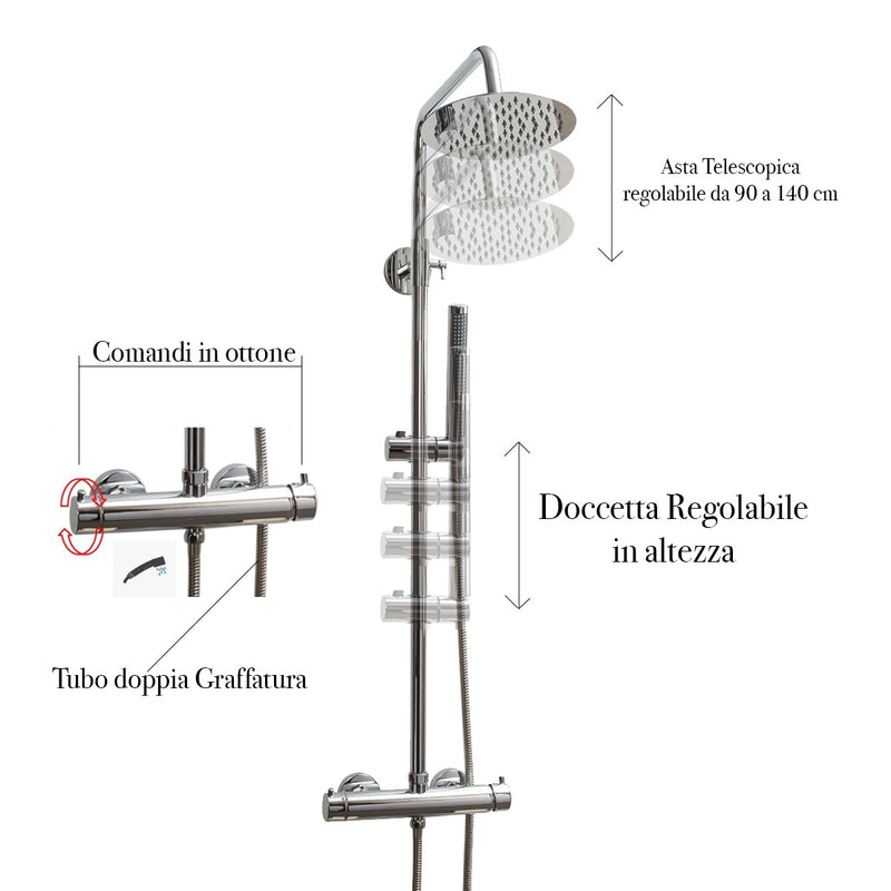 Saliscendi Asta con Miscelatore Termostatico Soffione Ø20 cm in Acciaio Inox e Doccetta Bonussi Illinois-2