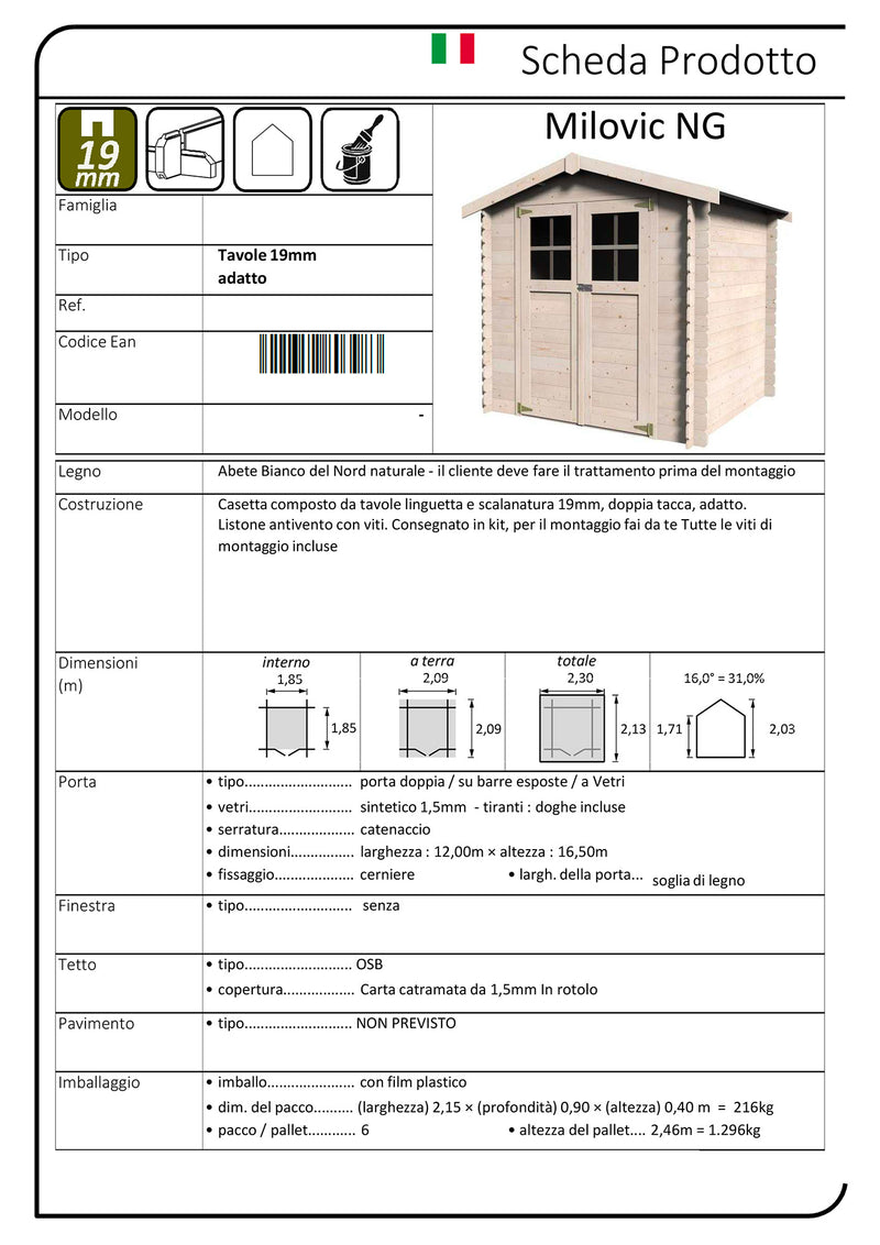 Casetta Box da Giardino per Attrezzi 2,30x2,13m Senza Pavimento in Legno Abete 19mm Milovic NG-2