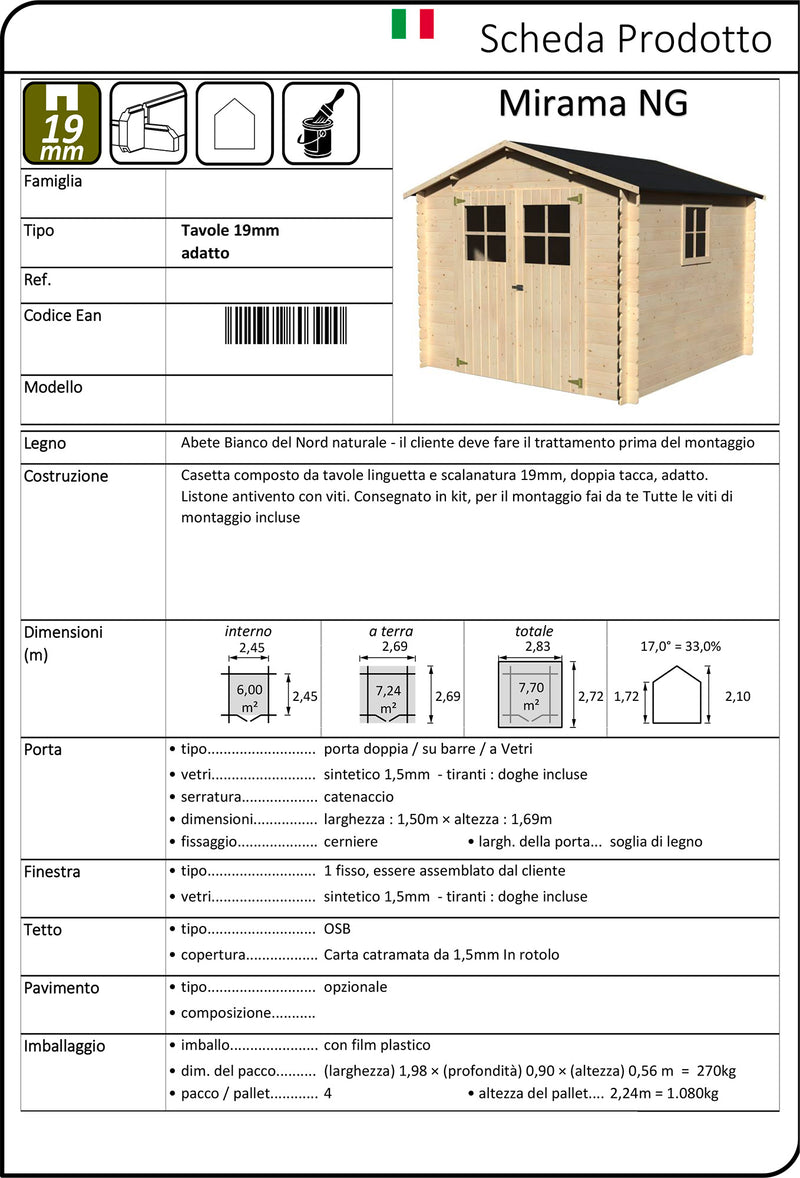 Casetta Box da Giardino per Attrezzi 2,83x2,72m Senza Pavimento in Legno Abete 19mm Mirama NG-2