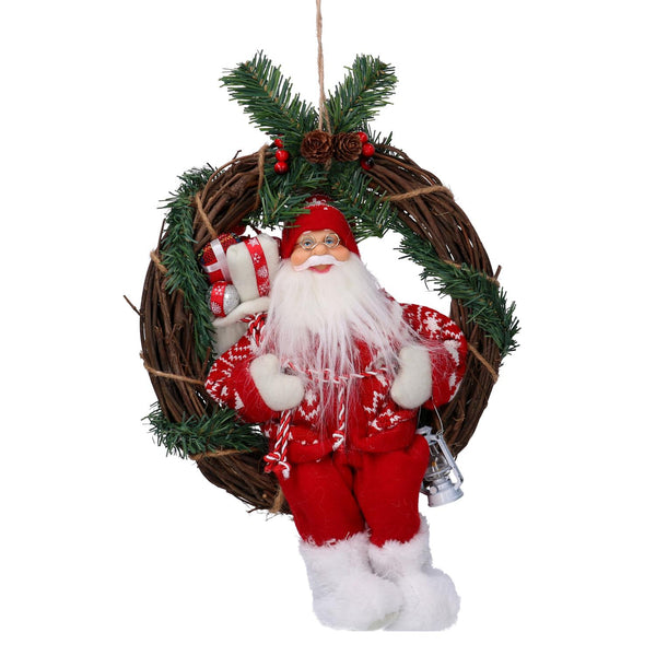 Babbo natale in tessuto su ghirlanda rosso cm Ø35 sconto