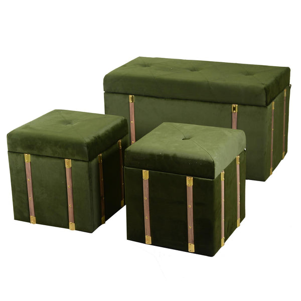 prezzo Ensemble Coffre et 2 Poufs en MDF et Tissu Velours Vert