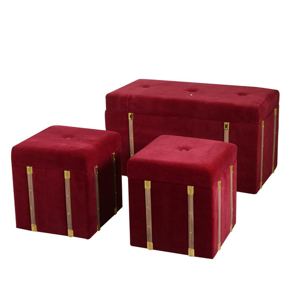 acquista Ensemble Coffre et 2 Poufs en MDF et Tissu Velours Bordeaux