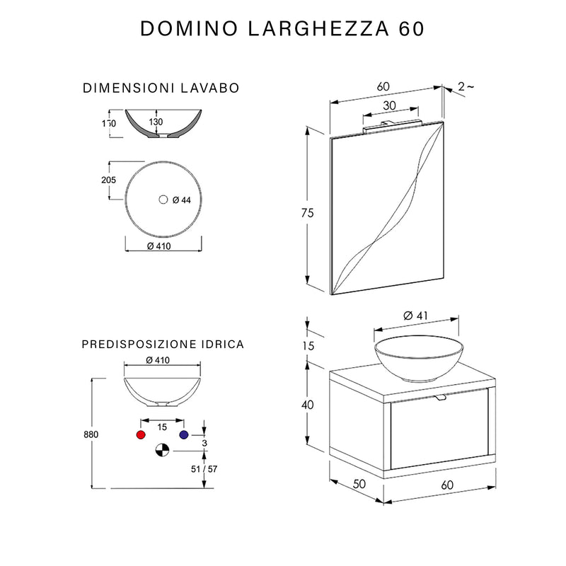 Mobile Bagno Sospeso 60 cm Lavabo e Specchio Bonussi Orione Grigio-4