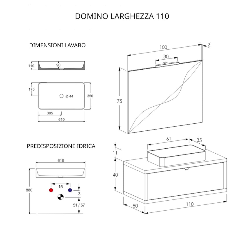 Mobile Bagno Sospeso 110 cm Lavabo e Specchio Bonussi Orione Grigio Effetto Cemento-4