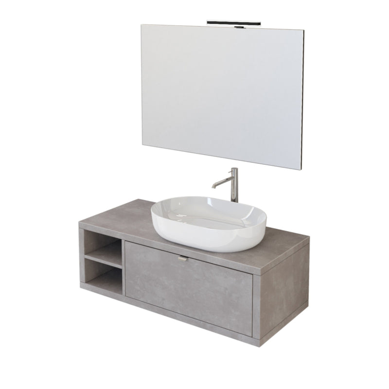 Mobile Bagno Sospeso 110 cm Lavabo e Specchio Bonussi Orione Grigio Effetto Cemento-1