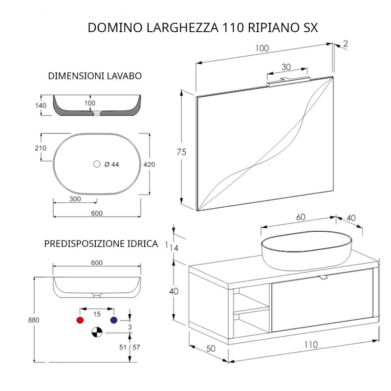 Mobile Bagno Sospeso 110 cm Lavabo e Specchio Bonussi Orione Grigio Effetto Cemento-4