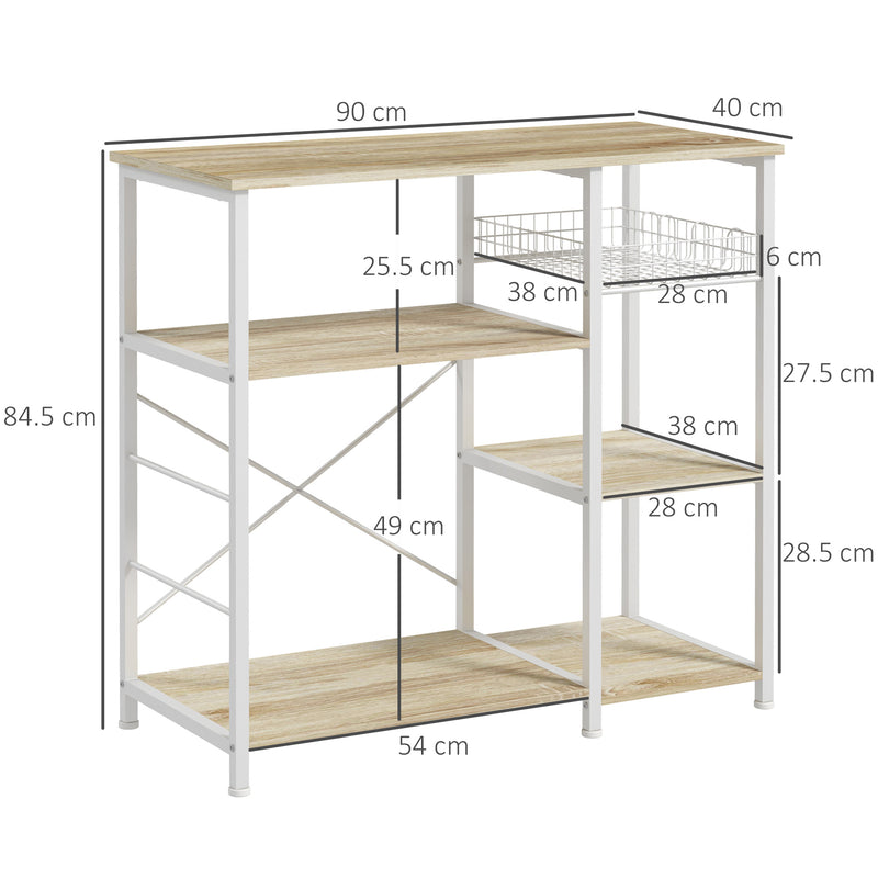 Mobile Cucina 4 Ripiani 90x40x84,5 cm in Legno e Acciaio Quercia e Bianco-3