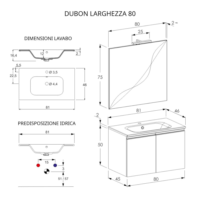 Mobile Bagno Sospeso 80 cm Lavabo e Specchio Bonussi Fenice Grigio-4