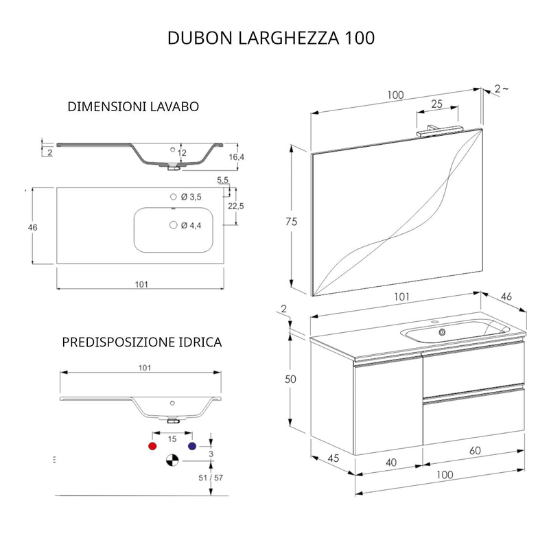 Mobile Bagno Sospeso 100 cm Lavabo e Specchio Bonussi Fenice Bianco Opaco-4