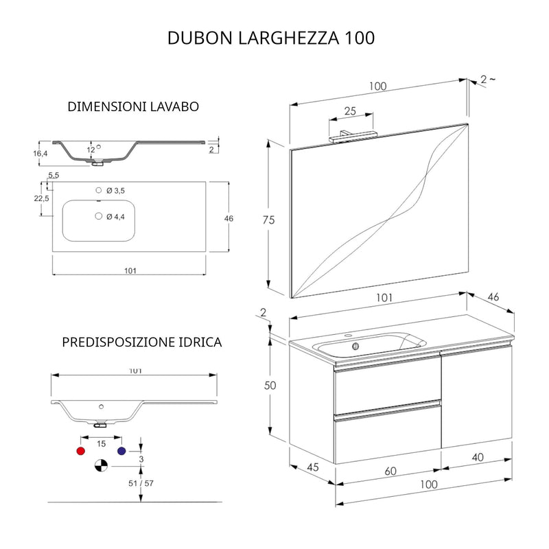 Mobile Bagno Sospeso 100 cm Lavabo e Specchio Bonussi Fenice Bianco Opaco-4