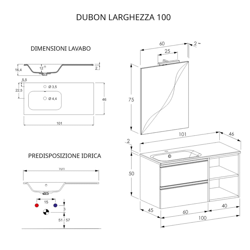 Mobile Bagno Sospeso 100 cm Lavabo e Specchio Bonussi Fenice Grigio-4