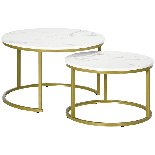acquista Lot de 2 tables basses empilables à plateau rond en acier et aggloméré blanc et doré