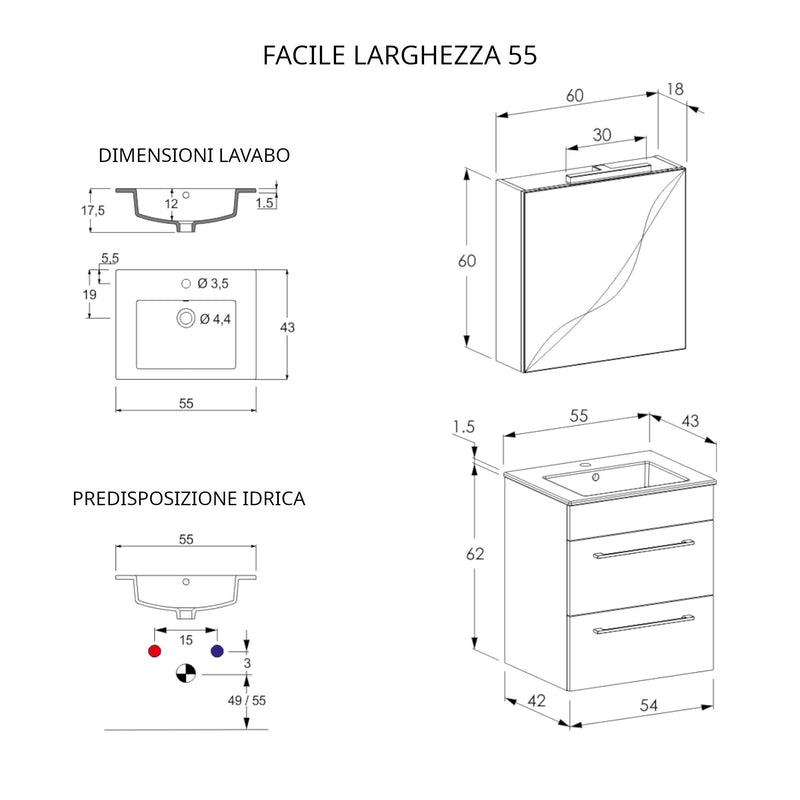 Mobile Bagno Sospeso 55 cm Lavabo e Specchio Bonussi Tucano Olmo-5