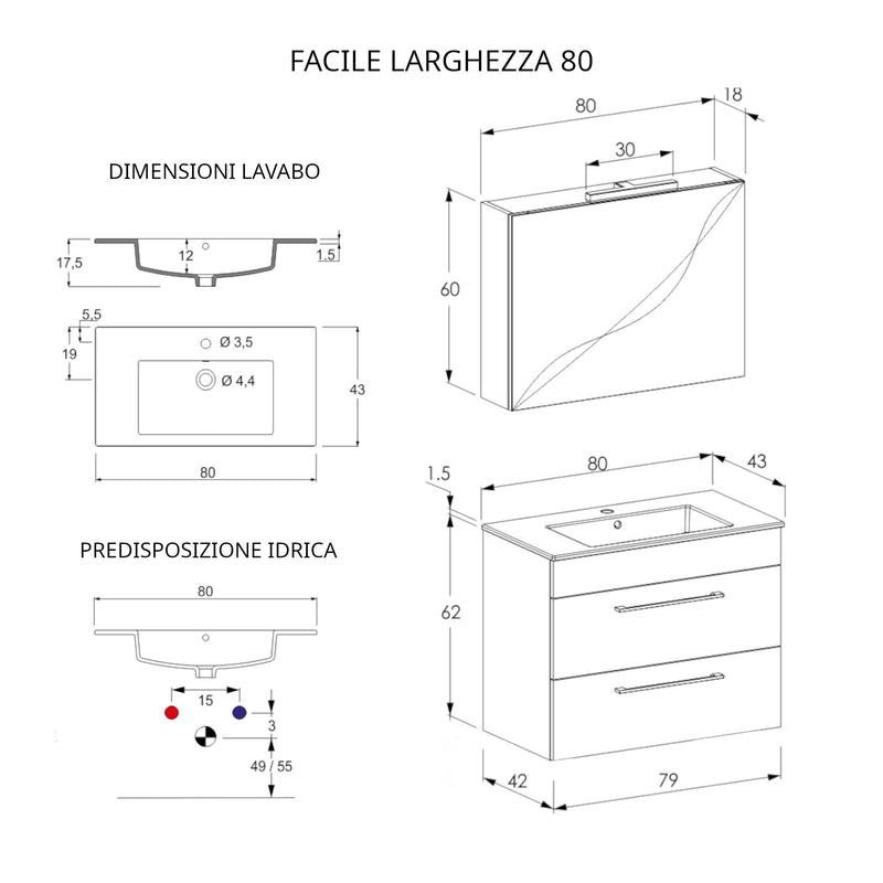 Mobile Bagno Sospeso 80 cm Lavabo e Specchio Bonussi Tucano Olmo Bianco -4