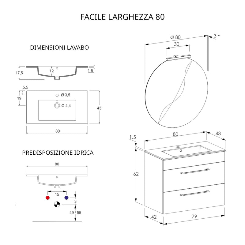 Mobile Bagno Sospeso 80 cm Lavabo e Specchio Bonussi Tucano Olmo Bianco e Lava-3