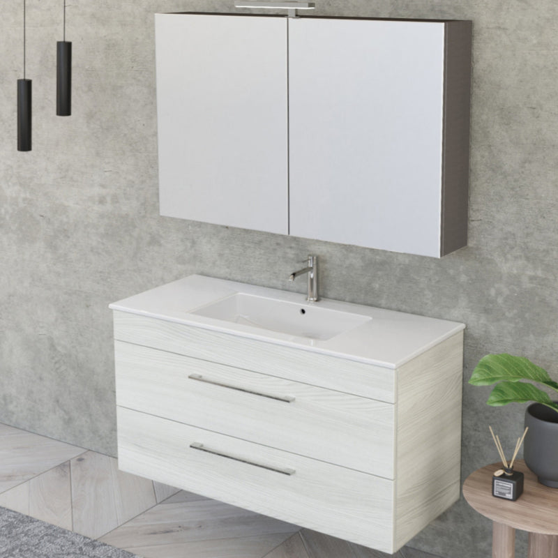 Mobile Bagno Sospeso 100 cm Lavabo e Specchio Bonussi Tucano Olmo Bianco-2