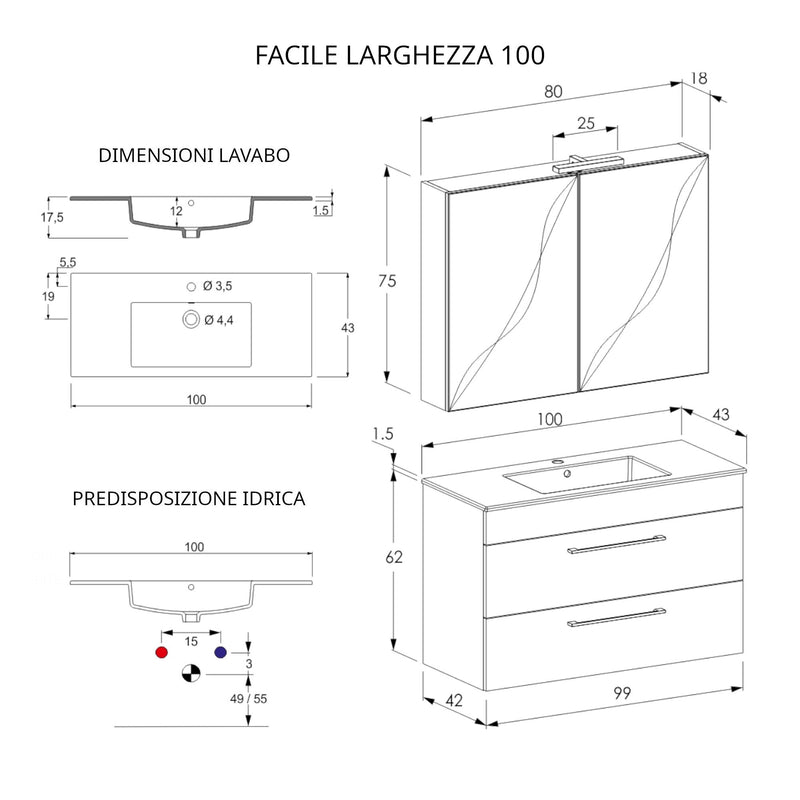 Mobile Bagno Sospeso 100 cm Lavabo e Specchio Bonussi Tucano Olmo Bianco-5