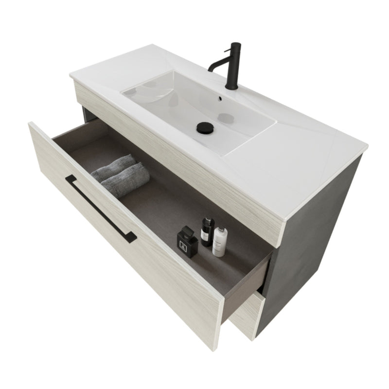 Mobile Bagno Sospeso 100 cm Lavabo e Specchio Bonussi Tucano Olmo Bianco e Lava-3