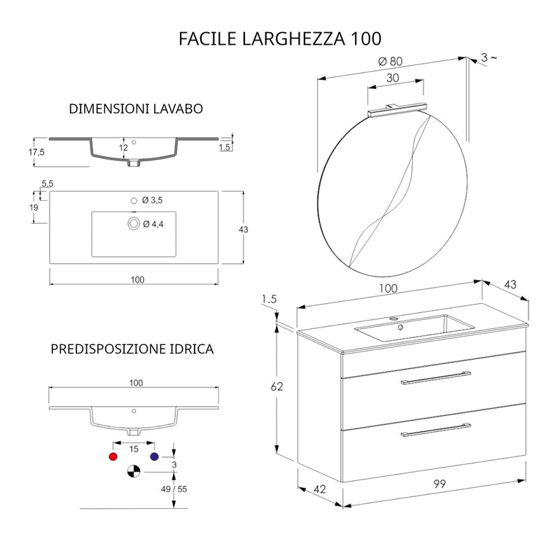 Mobile Bagno Sospeso 100 cm Lavabo e Specchio Bonussi Tucano Olmo e Lava-4