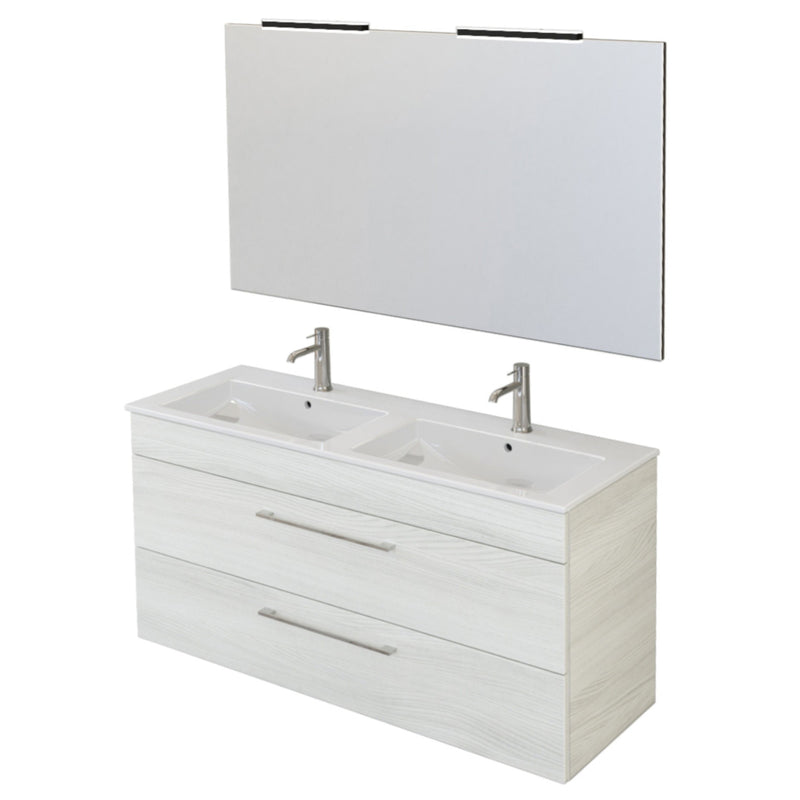 Mobile Bagno Sospeso 118 cm Doppio Lavabo e Specchio Bonussi Tucano Olmo Bianco-1