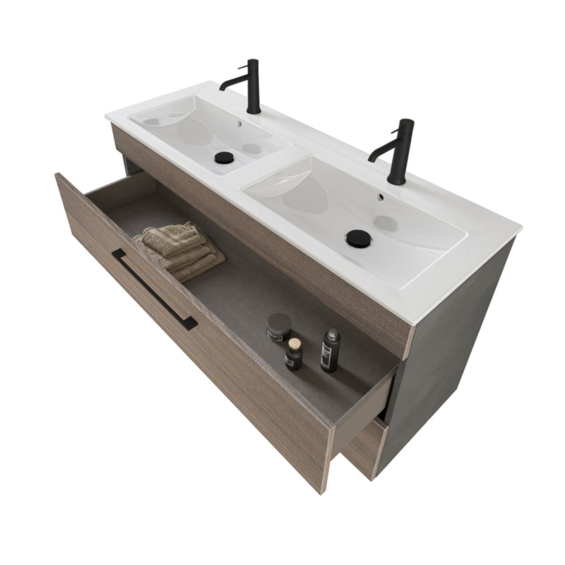 Mobile Bagno Sospeso 118 cm Doppio Lavabo e Specchio Bonussi Tucano Olmo e Lava-2