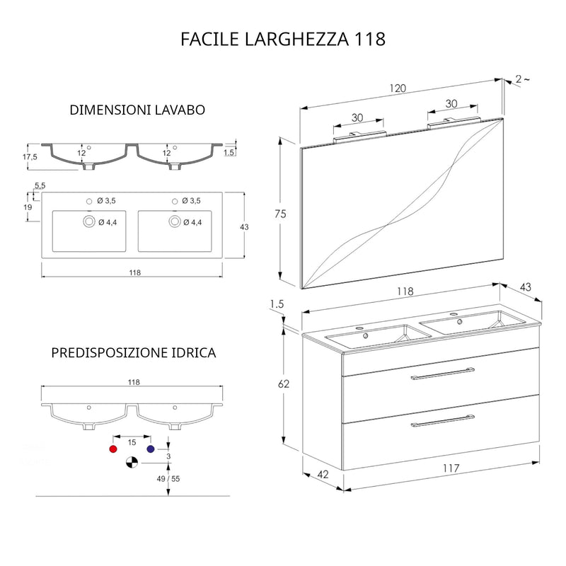 Mobile Bagno Sospeso 118 cm Doppio Lavabo e Specchio Bonussi Tucano Olmo e Lava-4