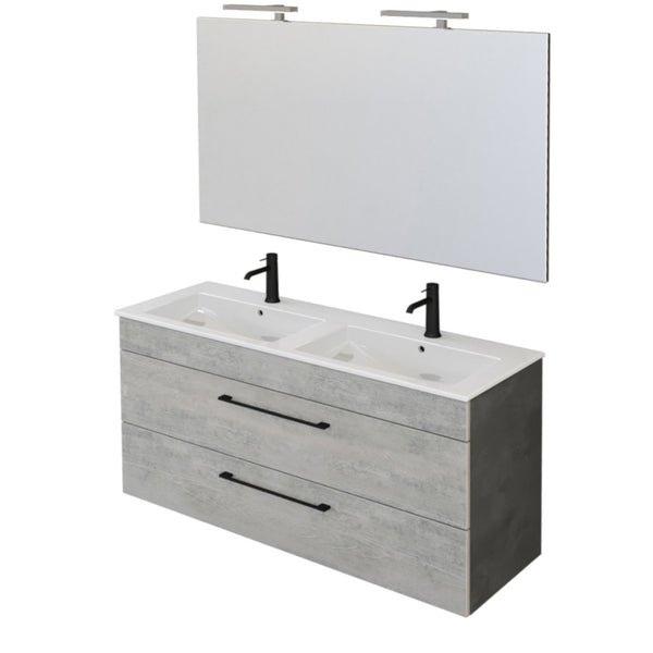 acquista Meuble de Salle de Bain Suspendu 118 cm Double Vasque et Miroir Bonussi Tucano Ciment Effet Bois