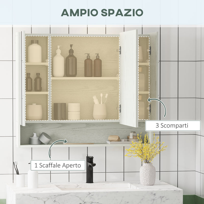 Armadietto a Specchio per Bagno con Ripiani Regolabili, 3 Porte e Credenze, 90x15x75cm-4