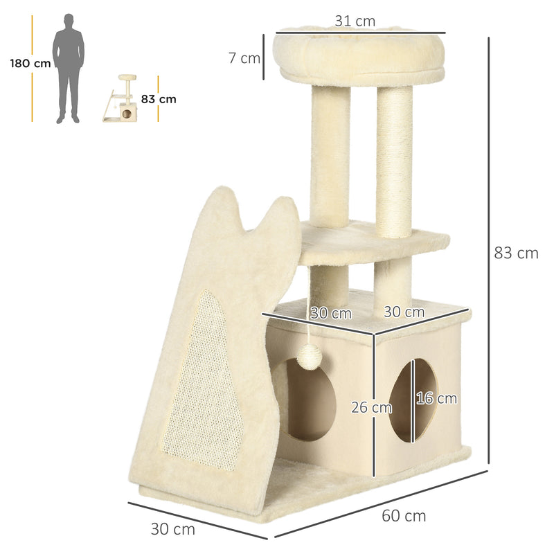 Albero Tiragraffi per Gatti 60x30x83 cm con Tappetino e Pali in Sisal Beige-3