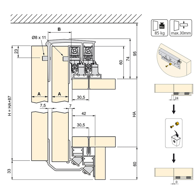 Binario per Porte Scorrevoli per Armadio 230 cm Spessore 20 mm Chiusura Soft con Kit di Accessori Emuca Anodizzato opaco-3