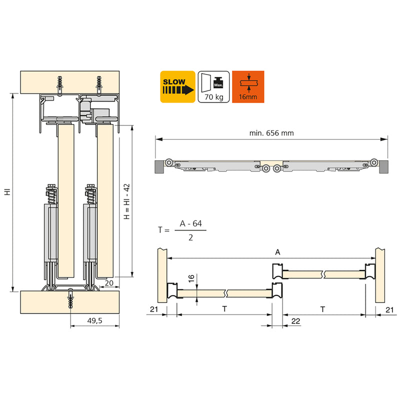 Sistema a Scorrimento Inferiore per Armadio 2 Ante 16 mm con Chiusura Soft Emuca-3