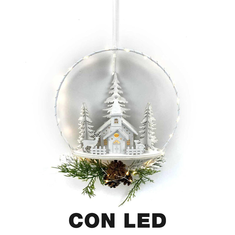 Ghirlanda metallo led con chiesa bianco cm 25x7x47,5-2