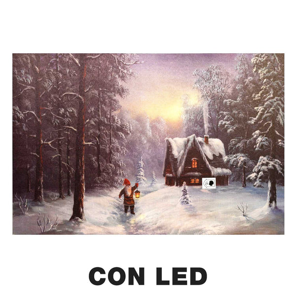 Quadro con led legno casa innevata multicolor rettangolare cm 60x40xh1,8 sconto